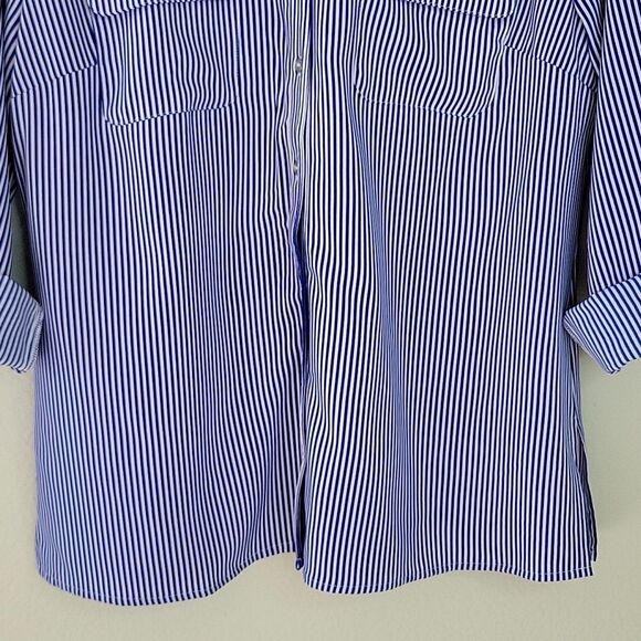 Notations Blue White Striped Long Sleeve Button Down Blouse size L Roll Tab NWT - Picture 4 of 12